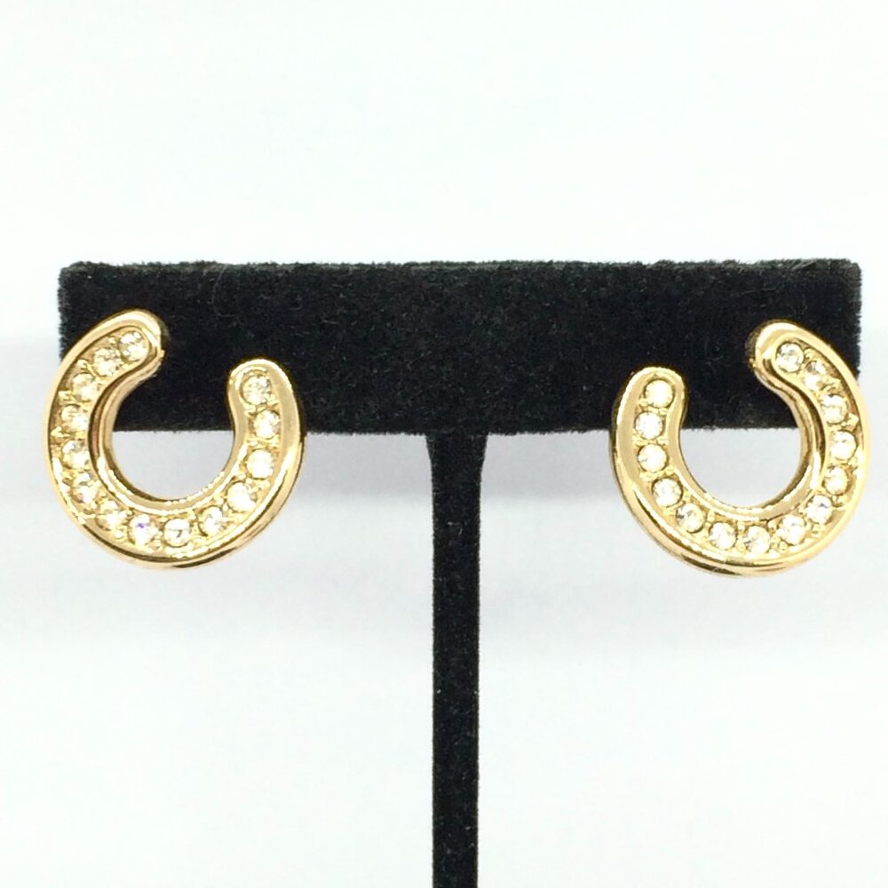 VINTAGE SWAROVSKI HORSESHOE EARRINGS GOLD RHINESTONE CRYSTAL SWAN SIGNED